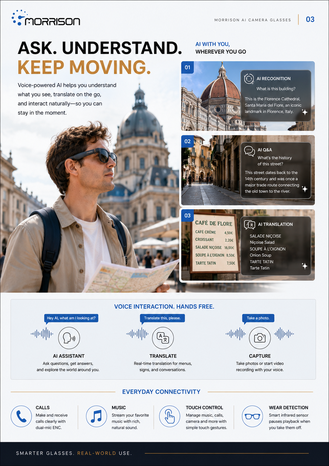 Morrison AI Smart Glasses with 20MP Camera, POV Shooting, AI Translation & Bluetooth Calling