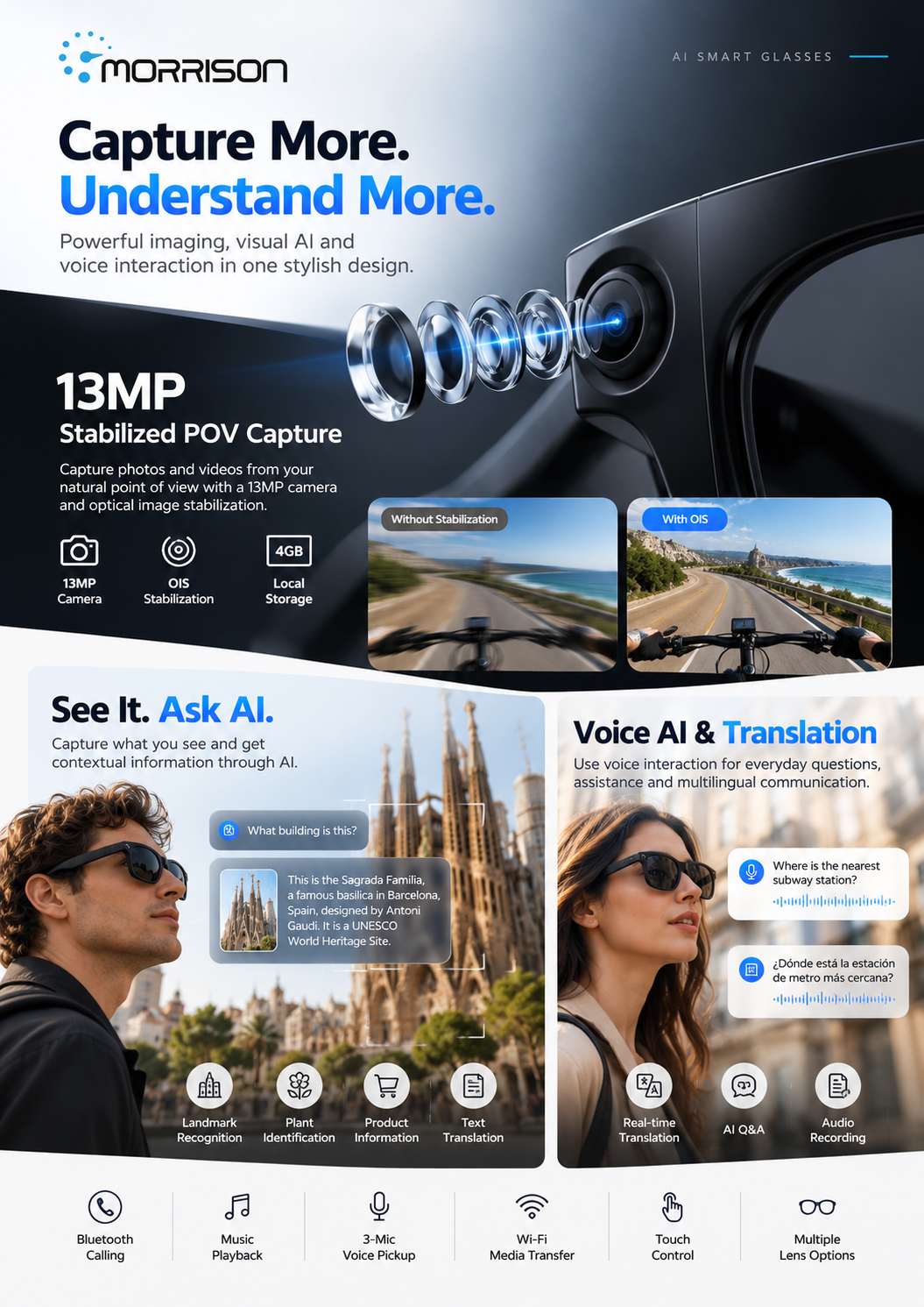 Morrison POV Shooting AI Smart Glasses with 13MP Camera, AI Voice Assistant, Translation & WiFi Transfer