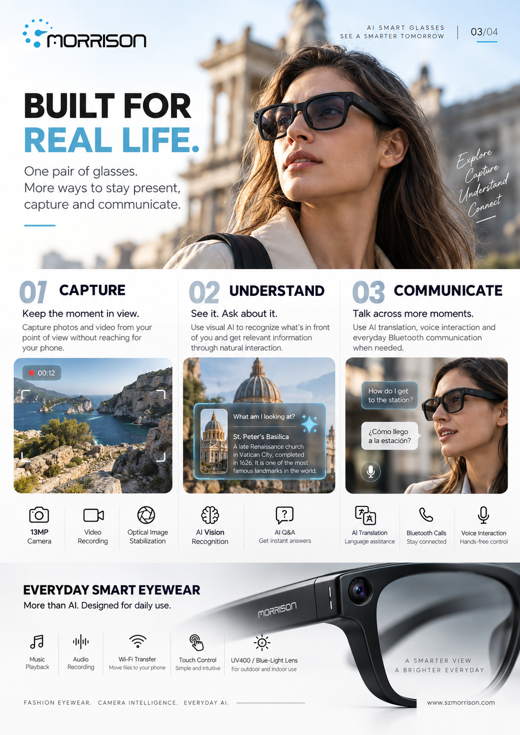 Morrison POV Shooting AI Smart Glasses 13MP Camera with OIS, AI Translation, WiFi Transfer & ENC Calls