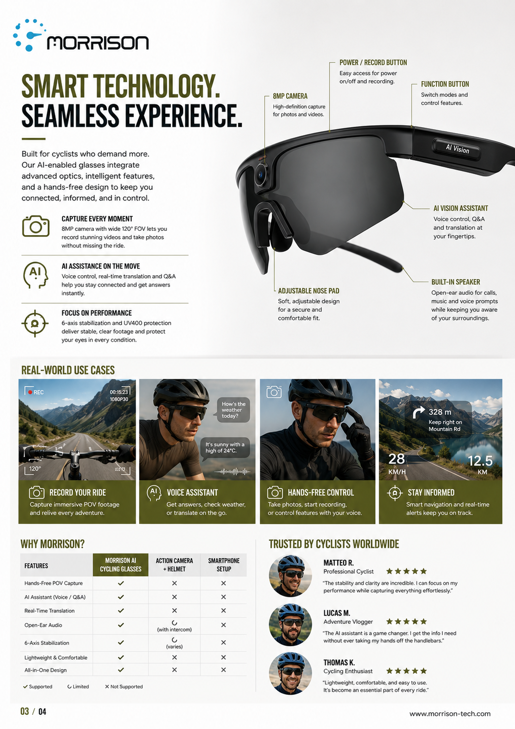 Morrison AI POV Shooting Smart Glasses with 8MP Camera, AI Translation, Wi-Fi Transfer & ENC Calls