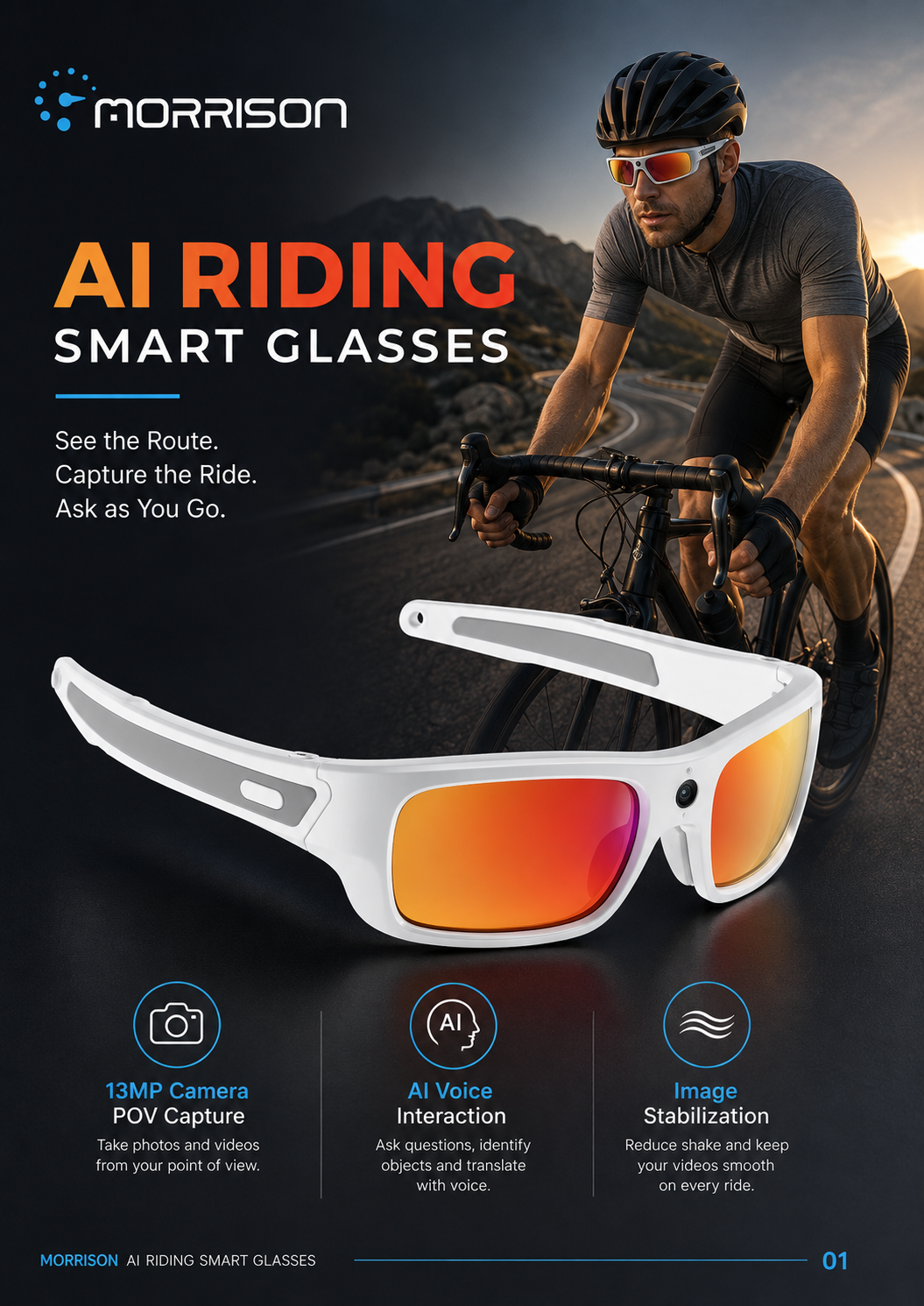 Morrison 13MP POV Shooting AI Smart Glasses for Cycling with OIS, AI Translation and WiFi Transfer