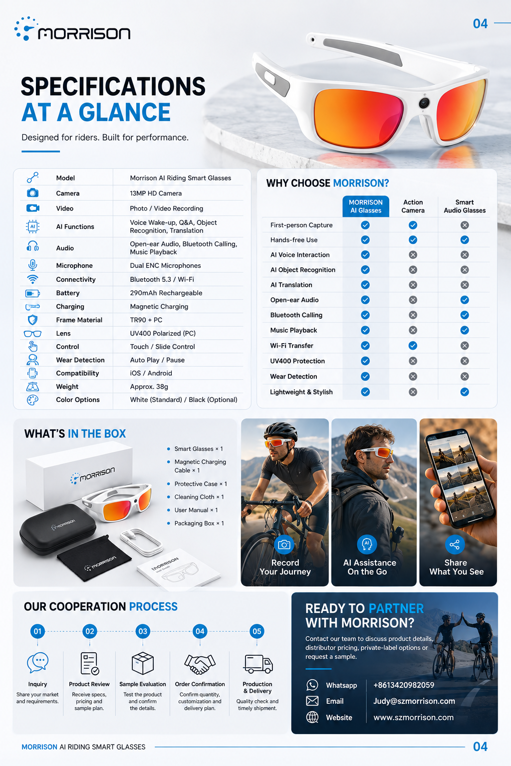 Morrison 13MP POV Shooting AI Smart Glasses for Cycling with OIS, AI Translation and WiFi Transfer