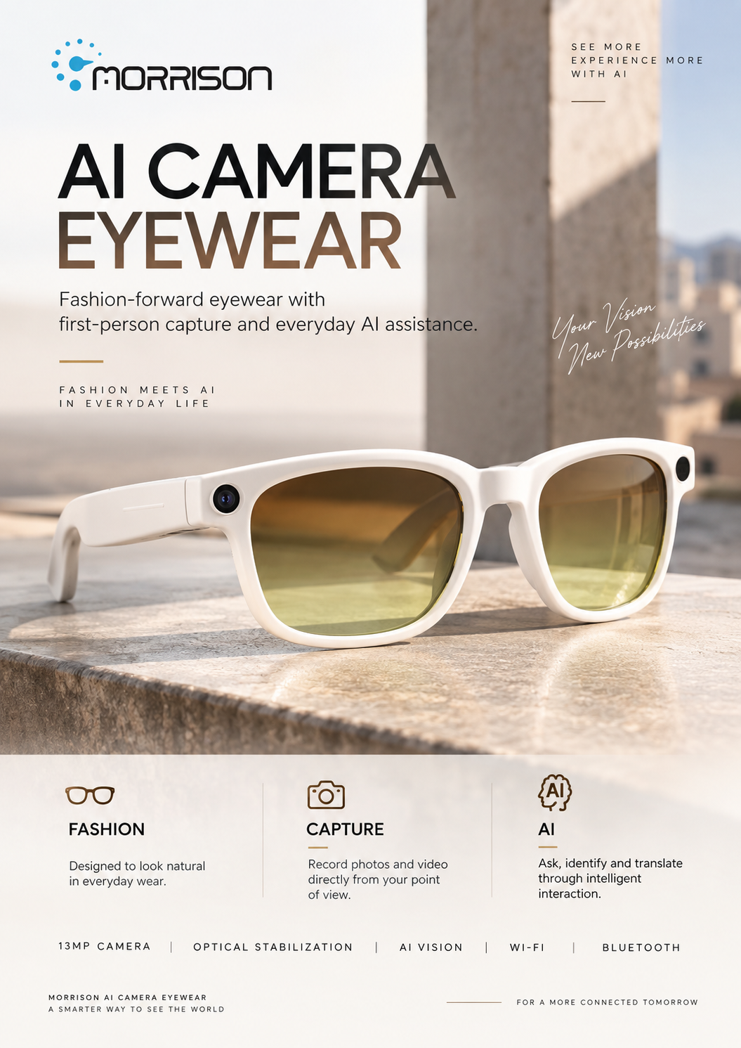 Morrison POV Shooting AI Smart Glasses 13MP Camera OIS AI Translation Voice Assistant Bluetooth Audio