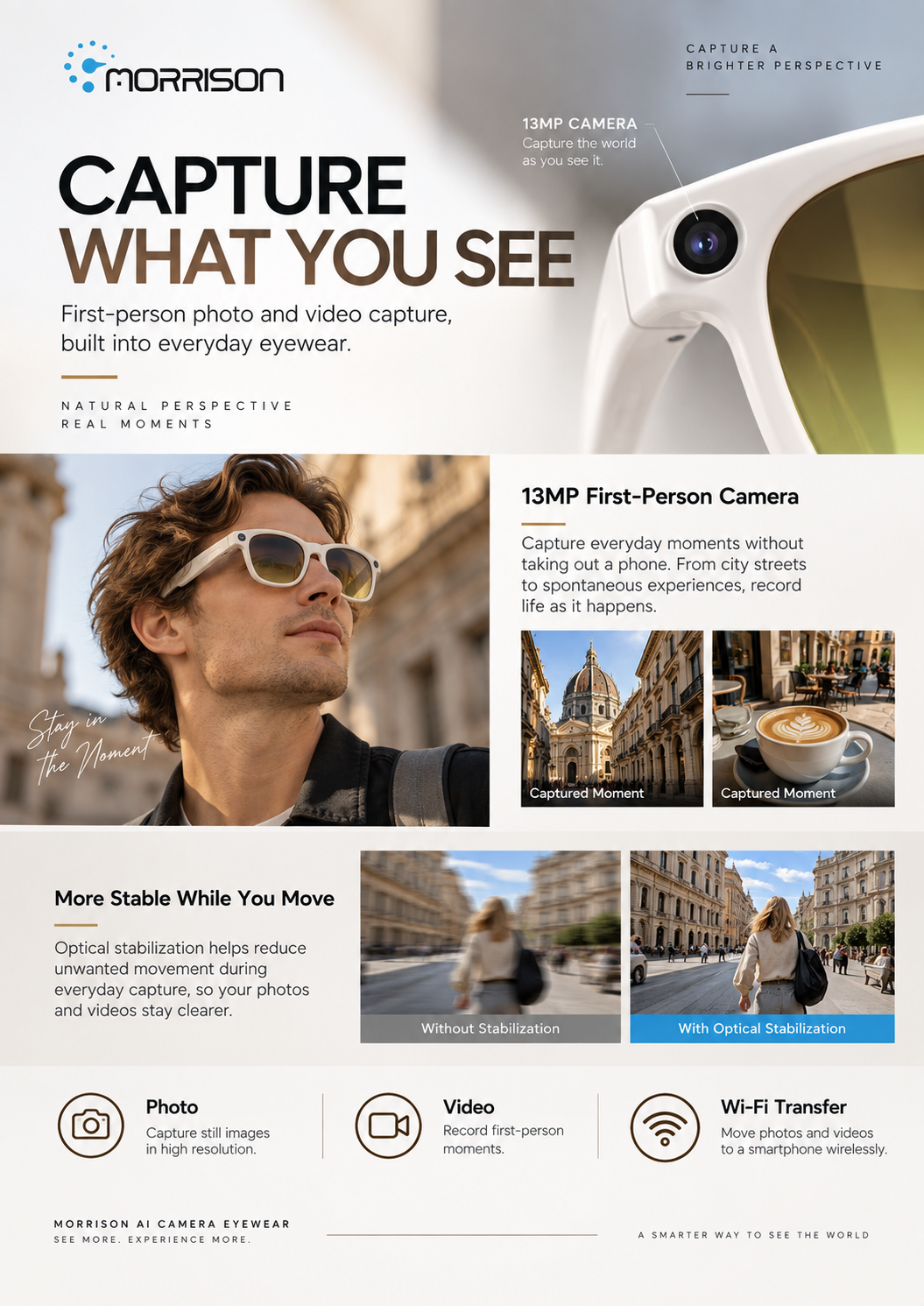 Morrison POV Shooting AI Smart Glasses 13MP Camera OIS AI Translation Voice Assistant Bluetooth Audio