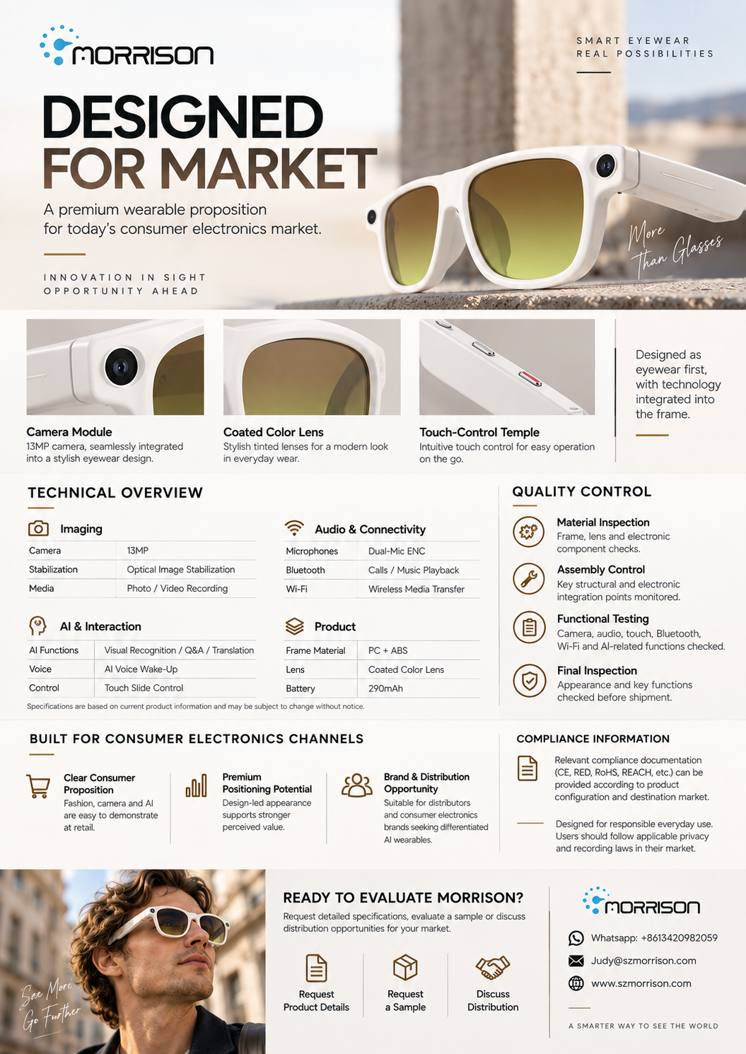 Morrison POV Shooting AI Smart Glasses 13MP Camera OIS AI Translation Voice Assistant Bluetooth Audio
