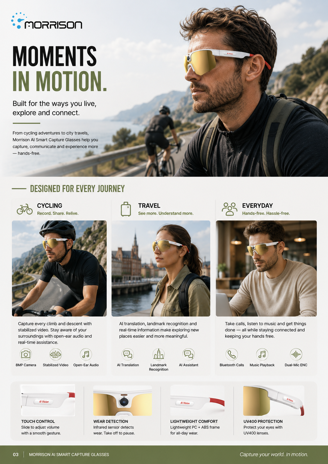 Morrison POV Shooting AI Smart Glasses with 8MP Camera, AI Vision, Translation, WiFi Transfer & ENC Calling