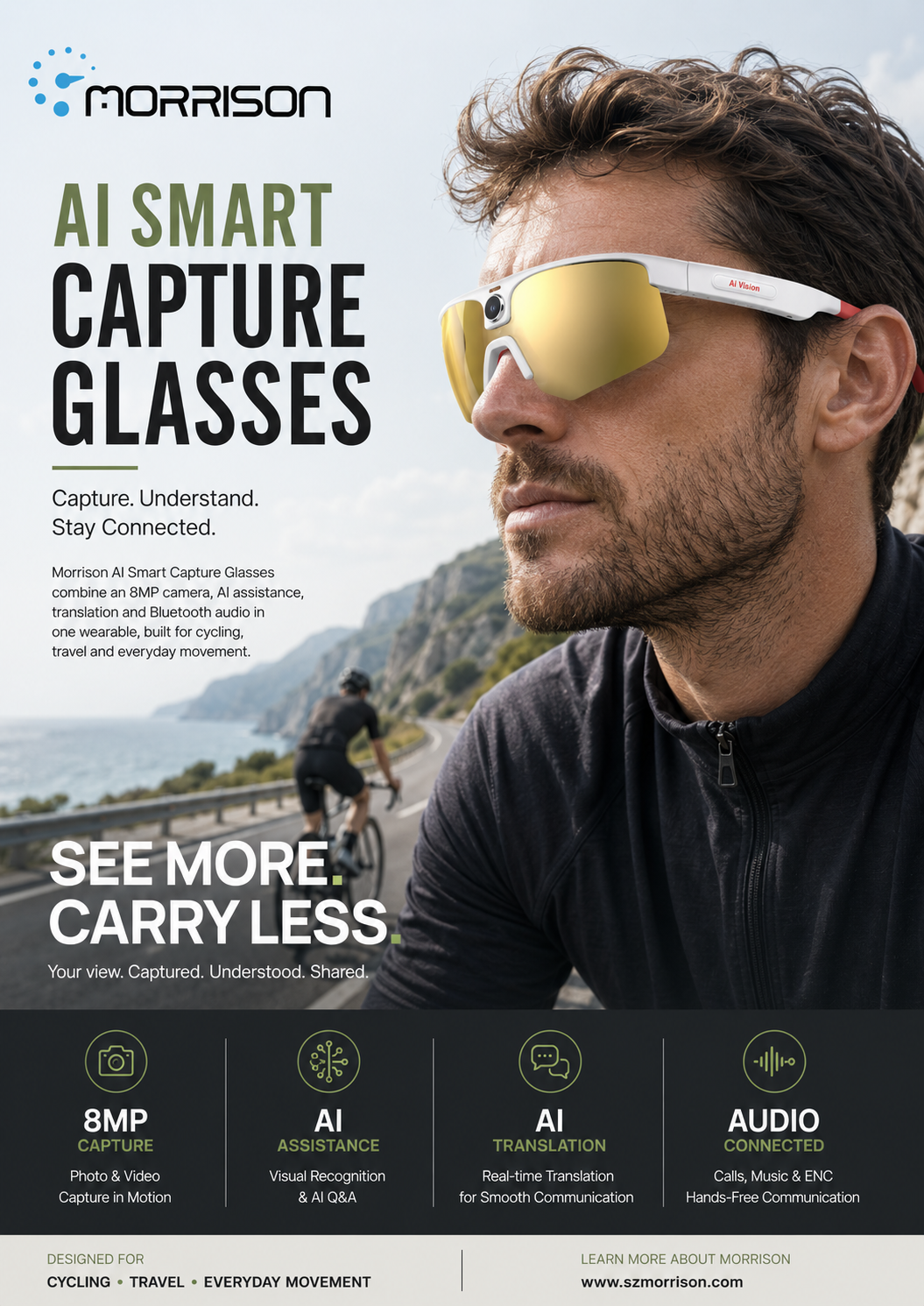 Morrison POV Shooting AI Smart Glasses with 8MP Camera, AI Vision, Translation, WiFi Transfer & ENC Calling