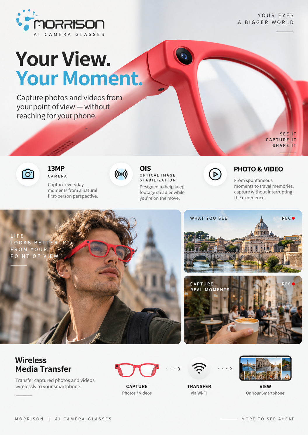 Morrison POV Shooting AI Smart Glasses 13MP Camera with OIS, AI Translation & Voice Assistant