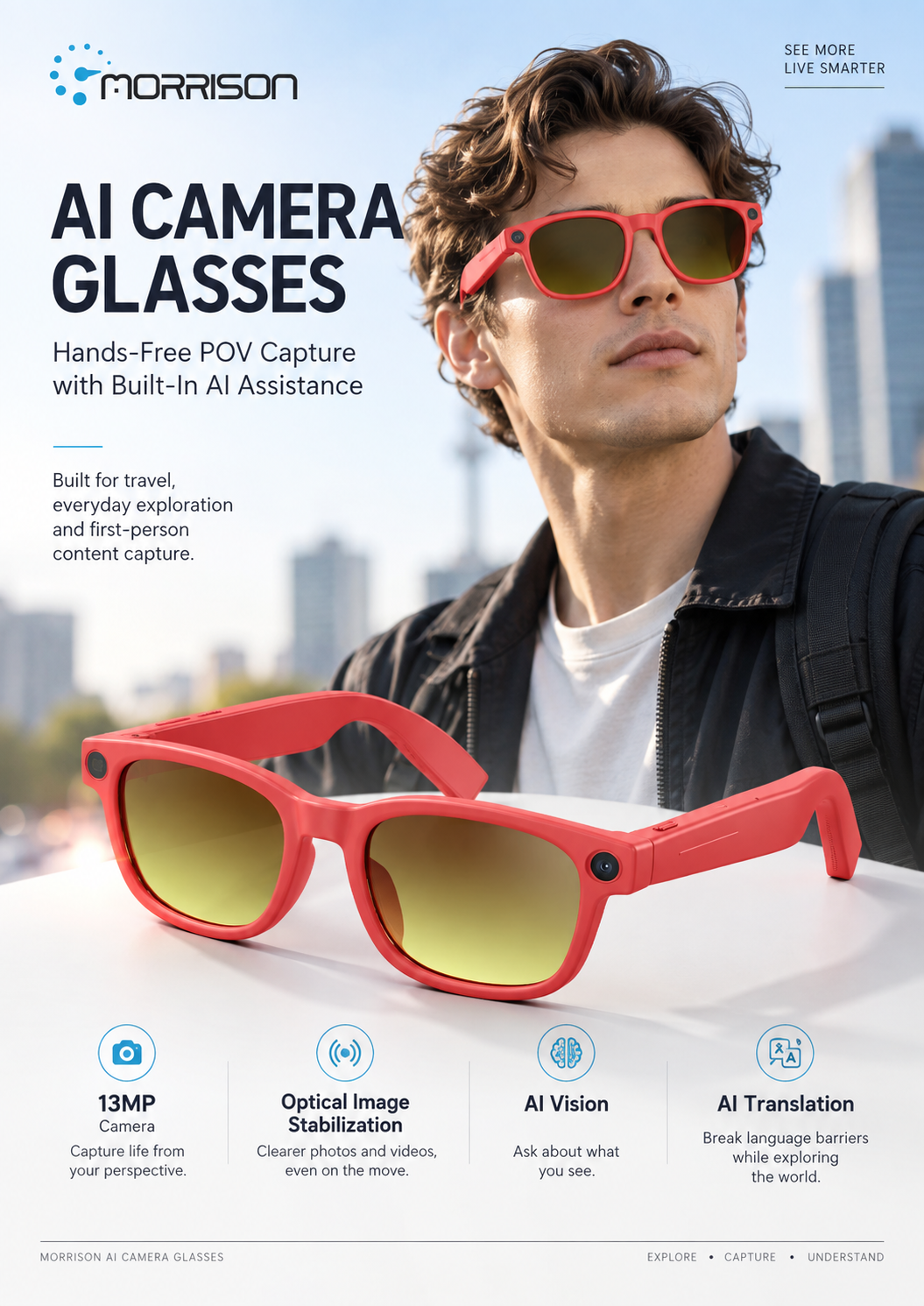 Morrison 13MP AI Smart Glasses for POV Shooting, Translation, Calls & WiFi Media Transfer