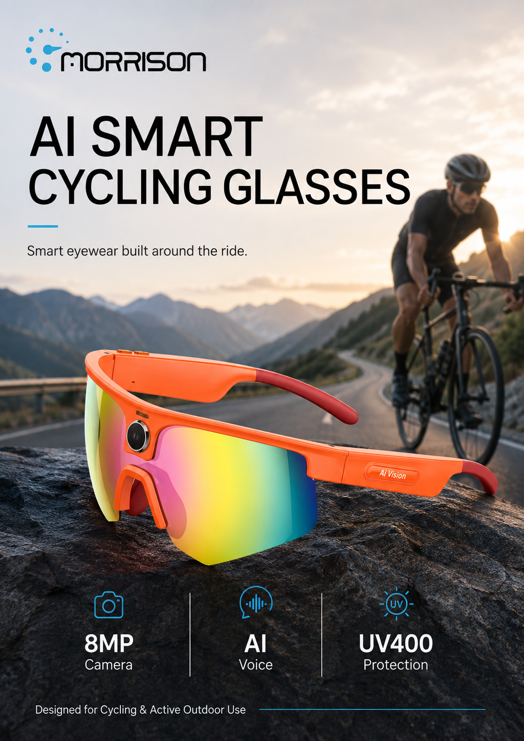 Morrison 8MP POV Shooting AI Smart Glasses for Cycling with UV400 Lens, 6-Axis Stabilization & Wi-Fi Transfer