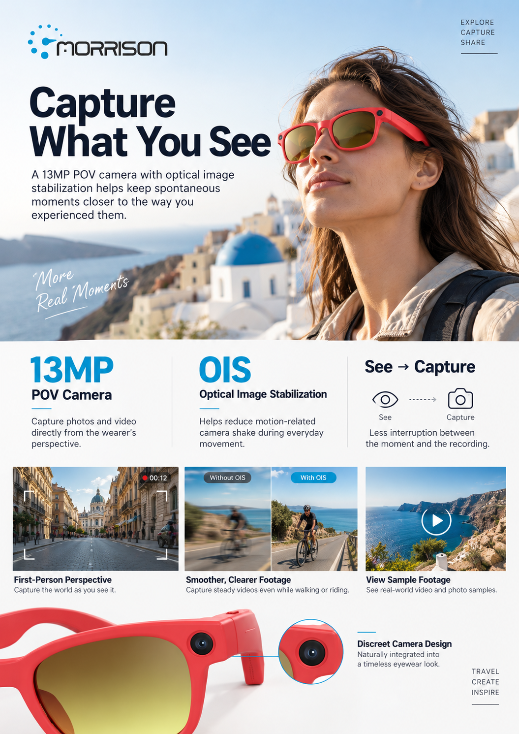 Morrison 13MP AI Smart Glasses for POV Shooting, Translation, Calls & WiFi Media Transfer