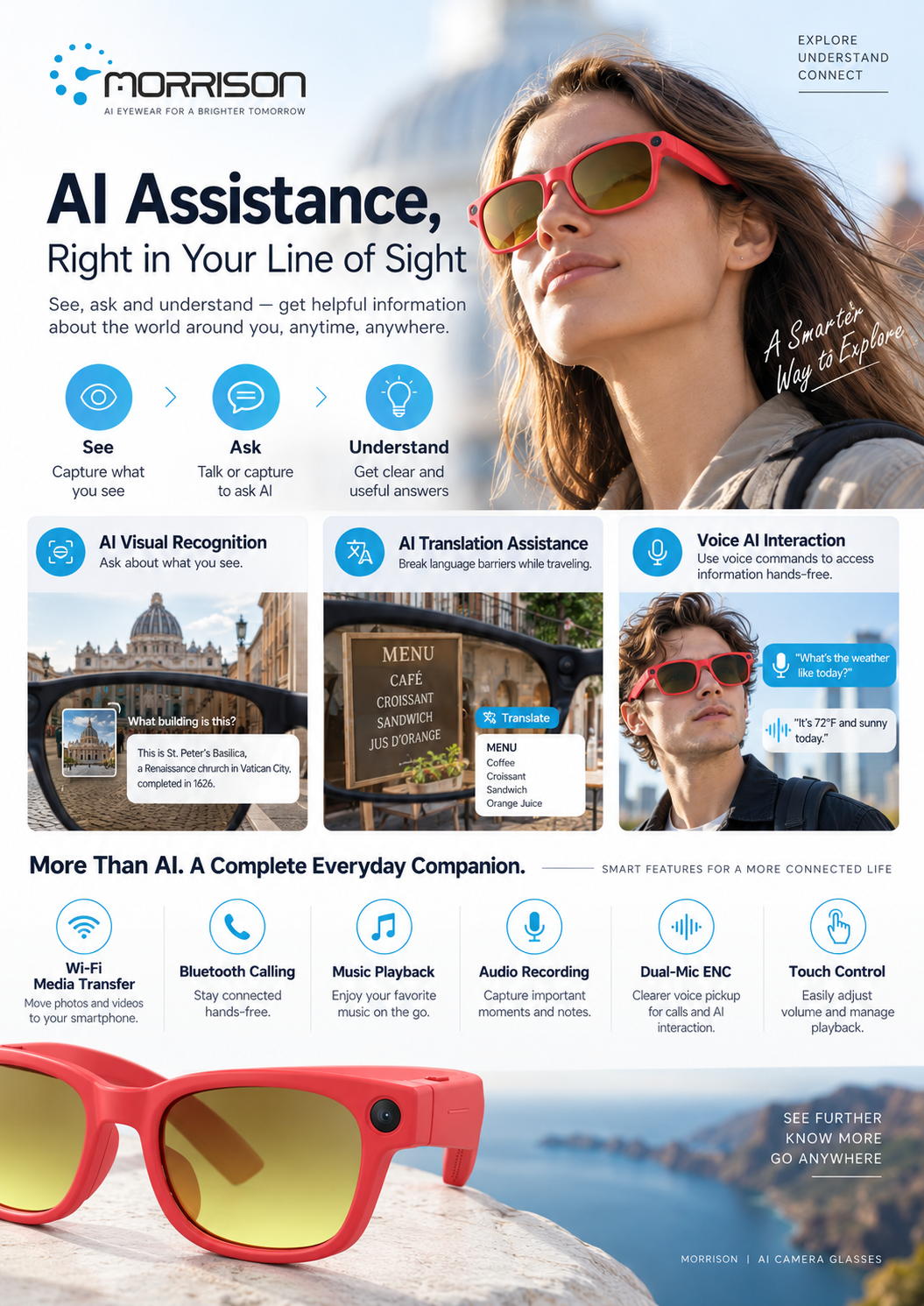 Morrison 13MP AI Smart Glasses for POV Shooting, Translation, Calls & WiFi Media Transfer