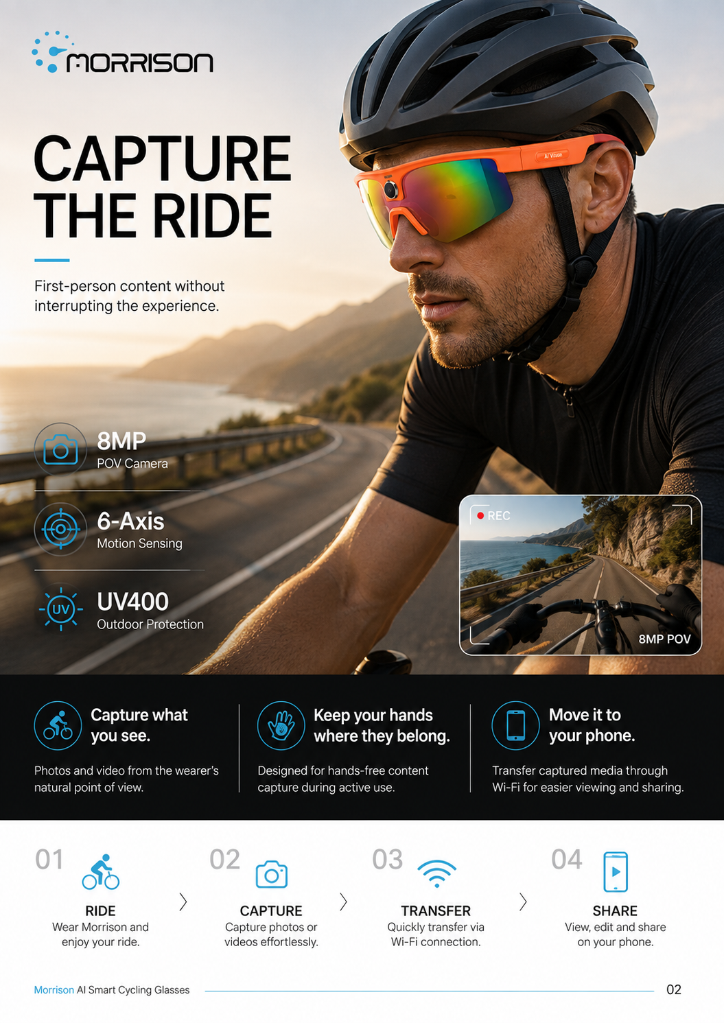 Morrison 8MP POV Shooting AI Smart Glasses for Cycling with UV400 Lens, 6-Axis Stabilization & Wi-Fi Transfer