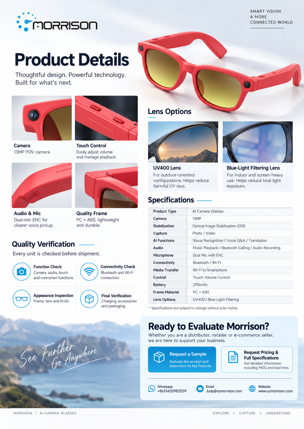 Morrison 13MP AI Smart Glasses for POV Shooting, Translation, Calls & WiFi Media Transfer