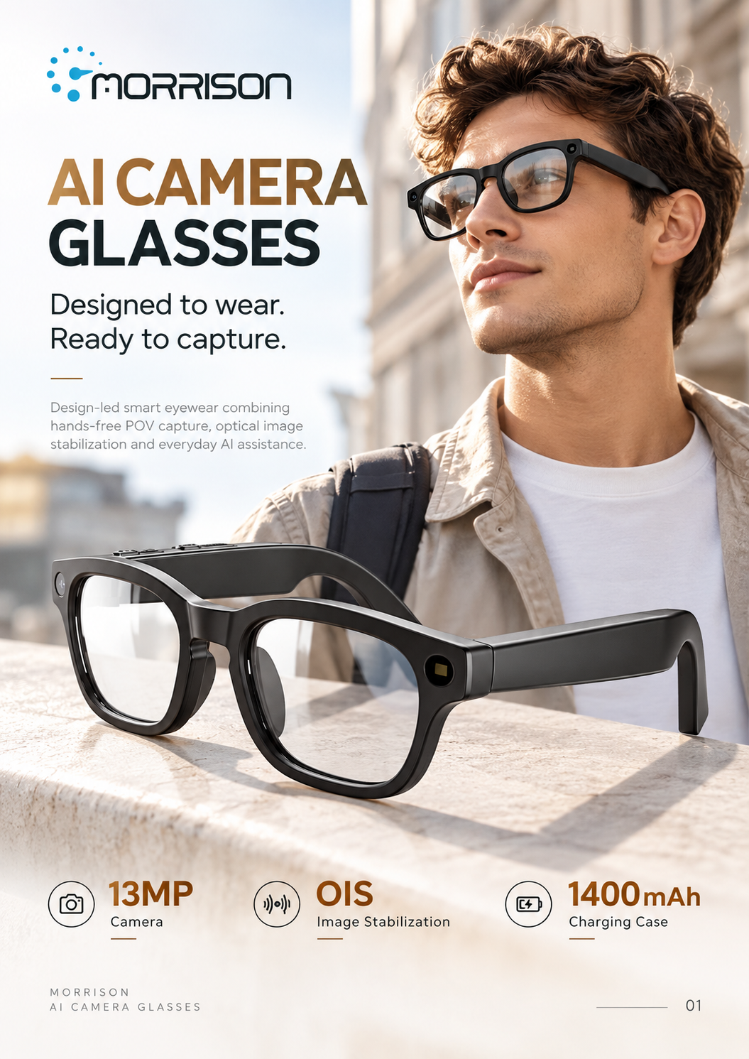 Morrison POV Shooting AI Smart Glasses with 13MP Camera, AI Translation, WiFi Transfer & Charging Case
