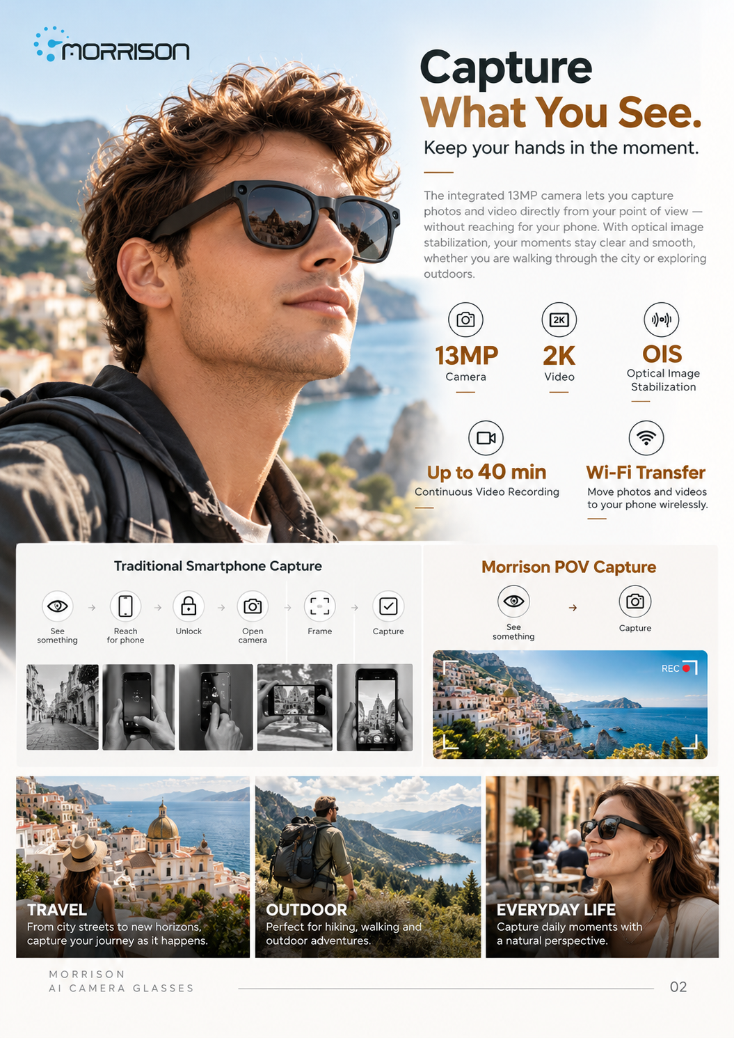 Morrison POV Shooting AI Smart Glasses with 13MP Camera, AI Translation, WiFi Transfer & Charging Case