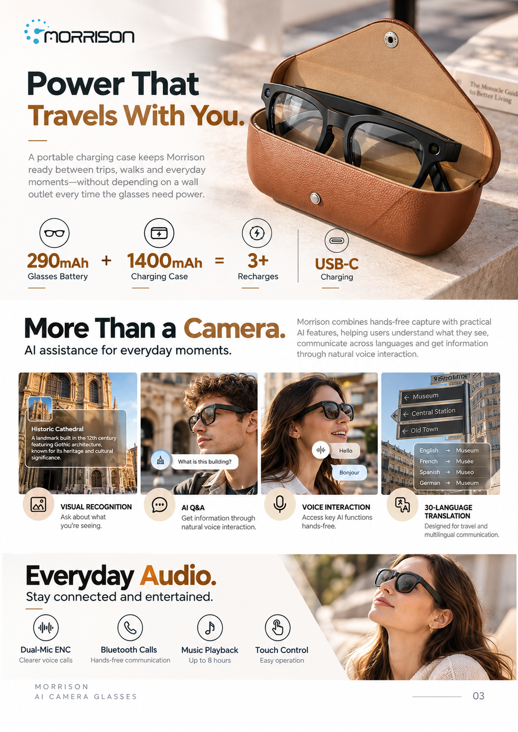 Morrison POV Shooting AI Smart Glasses with 13MP Camera, AI Translation, WiFi Transfer & Charging Case