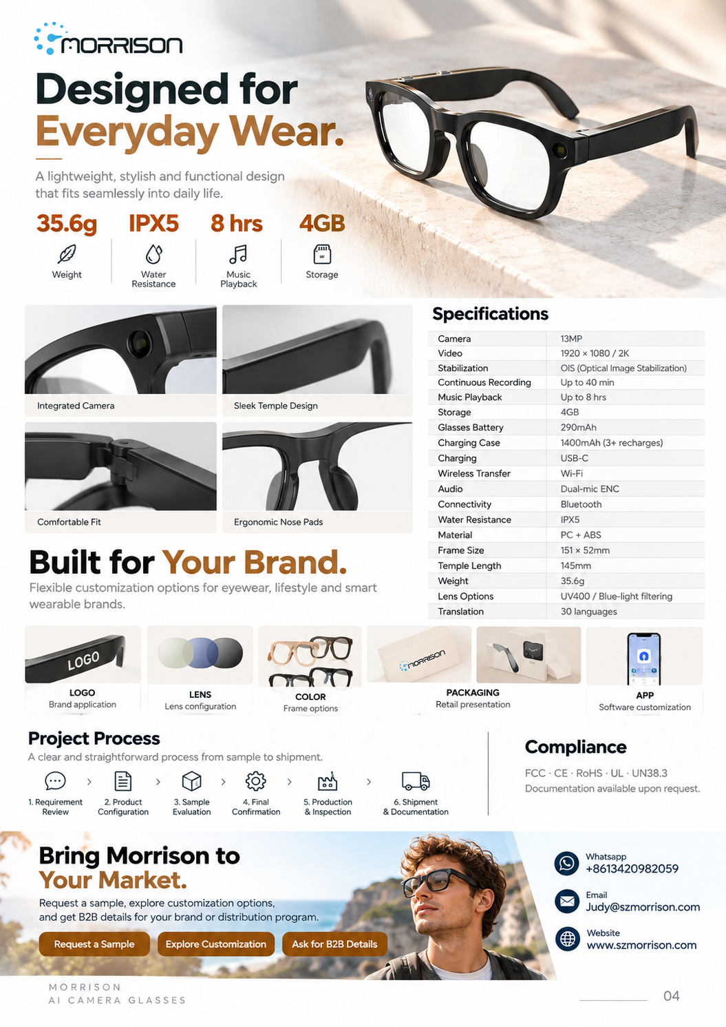 Morrison POV Shooting AI Smart Glasses with 13MP Camera, AI Translation, WiFi Transfer & Charging Case