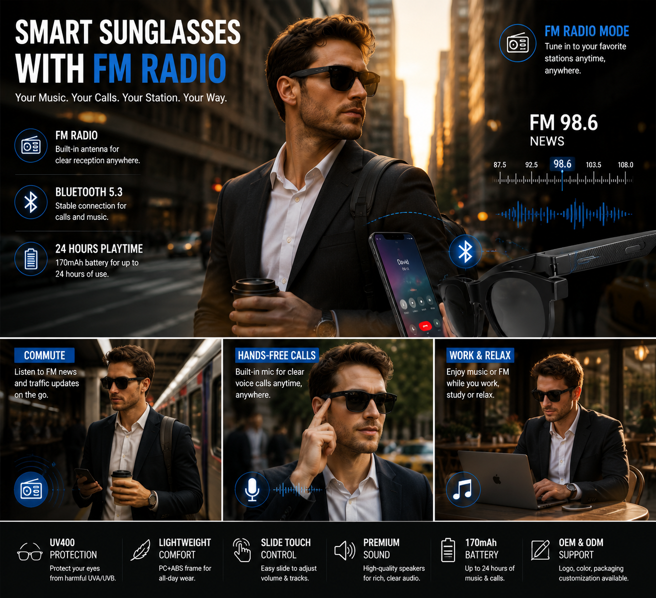 Morrison Bluetooth FM Radio Smart Glasses with UV400 Lenses and Wireless Audio