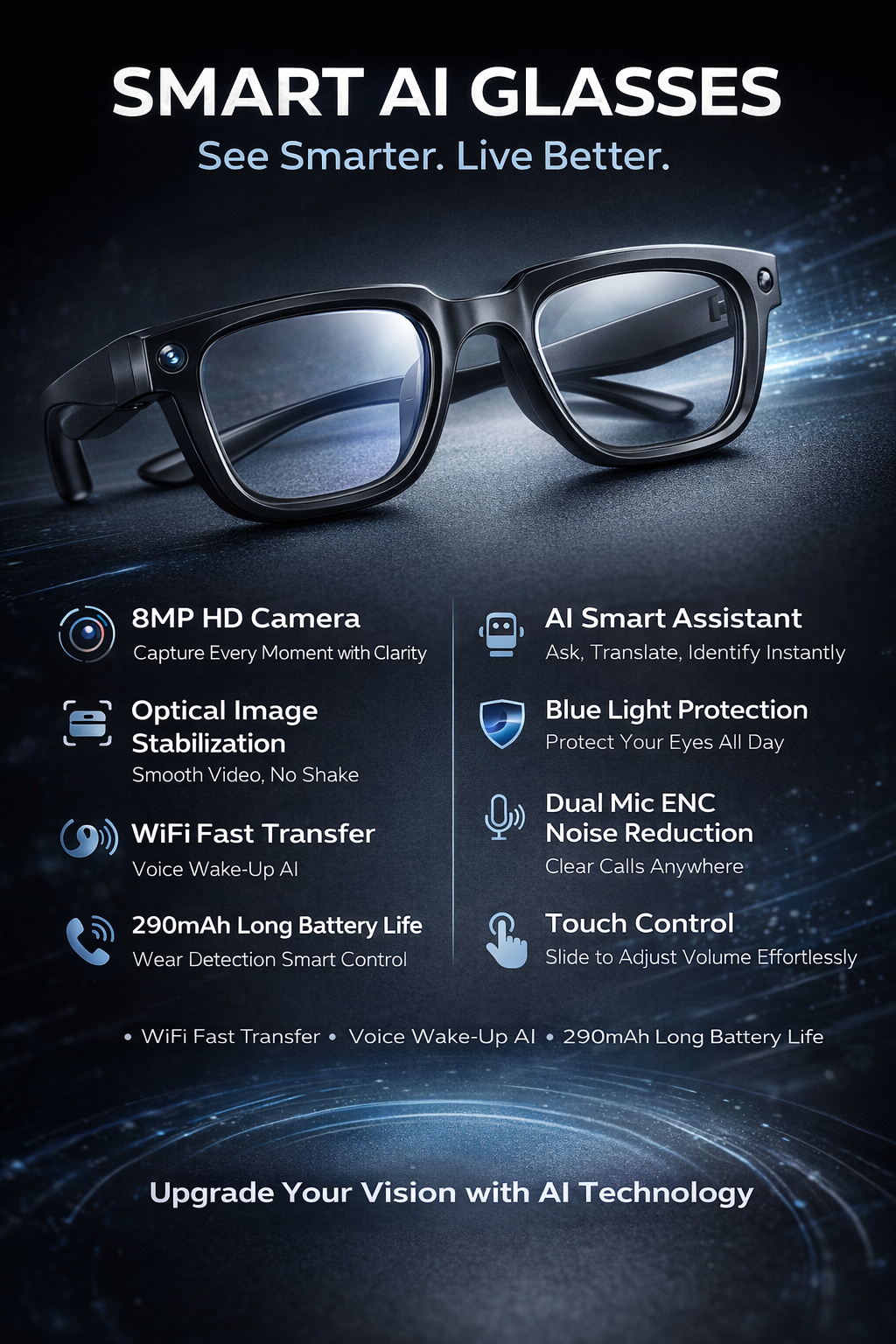 Morrison AI Smart Glasses HD 8MP Camera Bluetooth Portable Vlog Video Recording Glasses