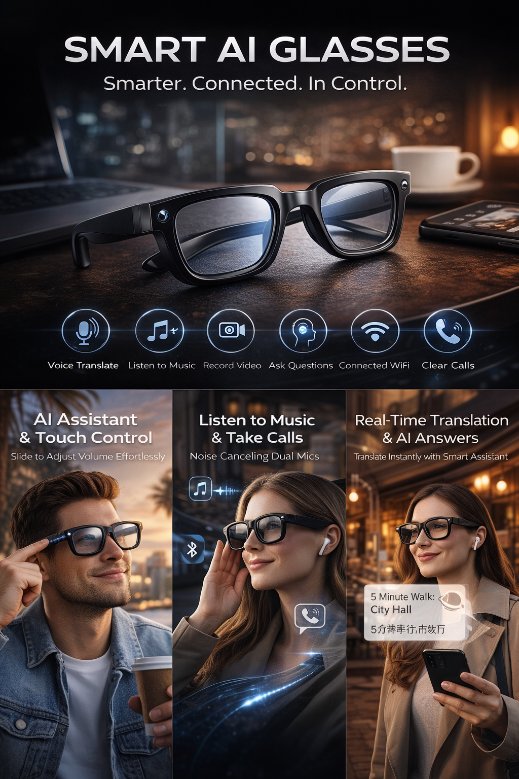 Morrison AI Smart Glasses HD 8MP Camera Bluetooth Portable Vlog Video Recording Glasses