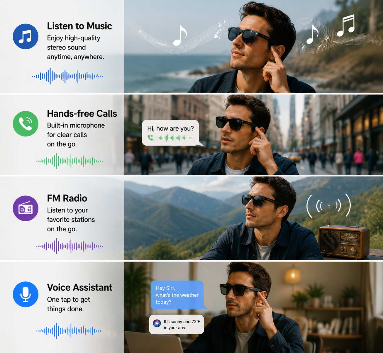 Morrison Bluetooth FM Radio Smart Glasses with UV400 Lenses and Wireless Audio