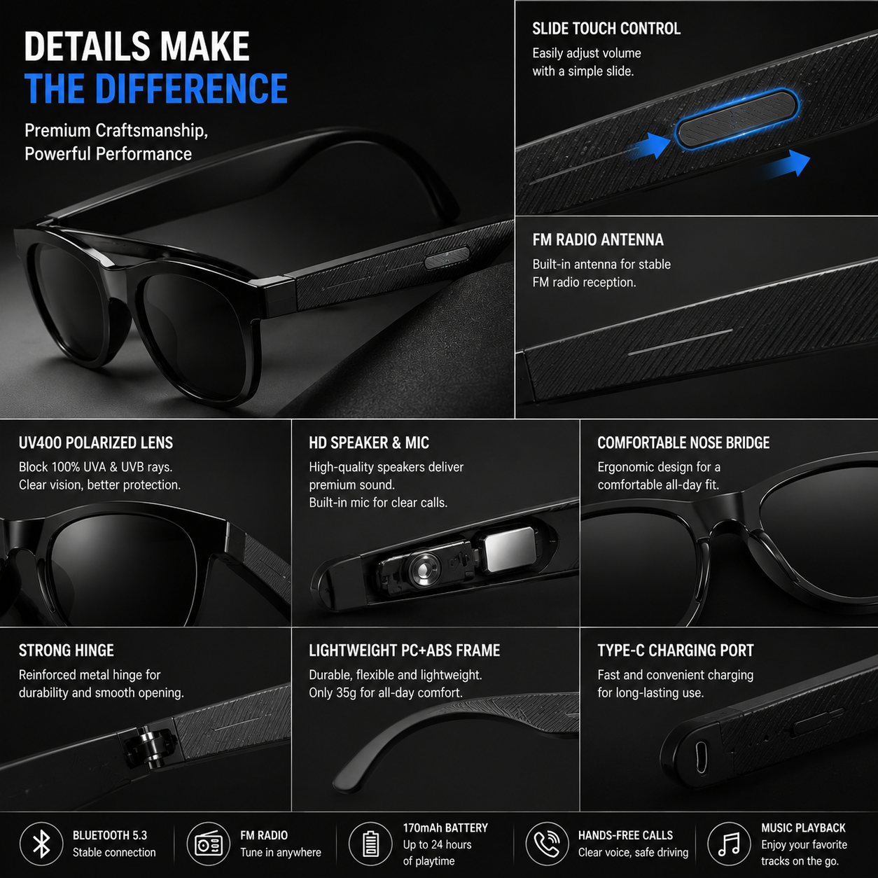 Morrison Bluetooth FM Radio Smart Glasses with UV400 Lenses and Wireless Audio