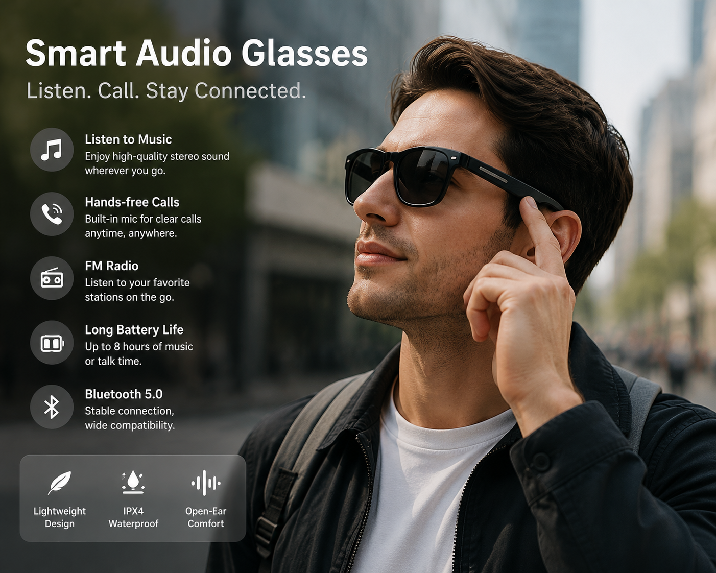 Morrison Bluetooth FM Radio Smart Glasses with UV400 Lenses and Wireless Audio