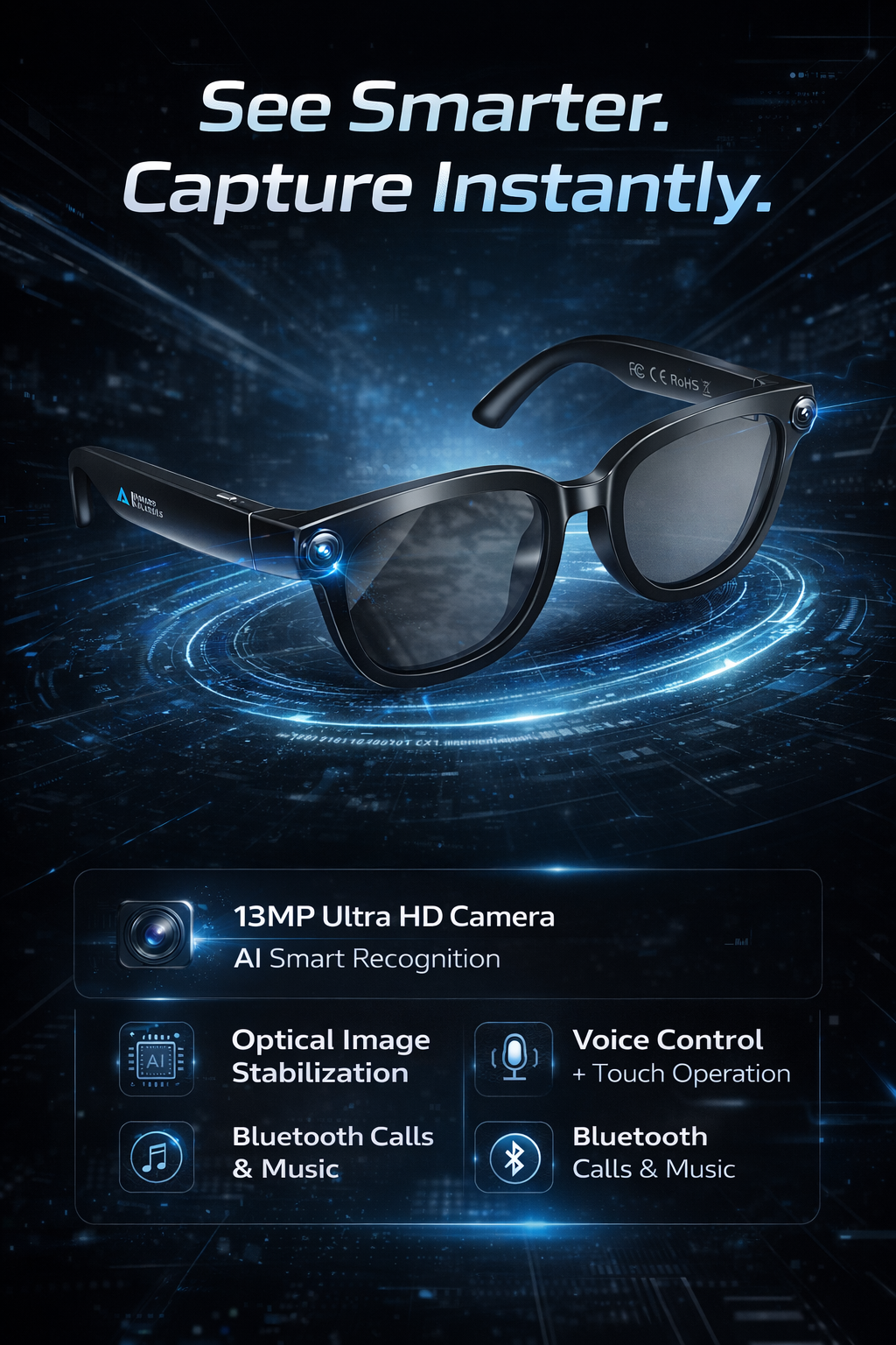 Morrison AI Smart Glasses 13MP HD Camera Portable Bluetooth Vlog POV Shooting Glasses