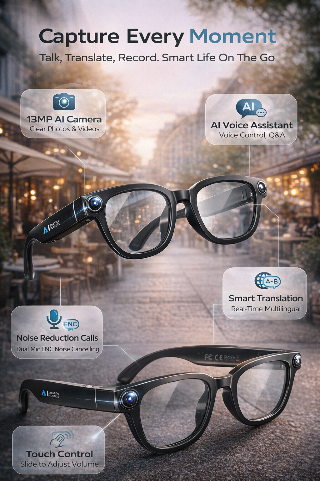 Morrison Portable Bluetooth HD POV AI Smart Glasses 13MP Camera Anti-Shake Vlog Recording Smart Eyewear