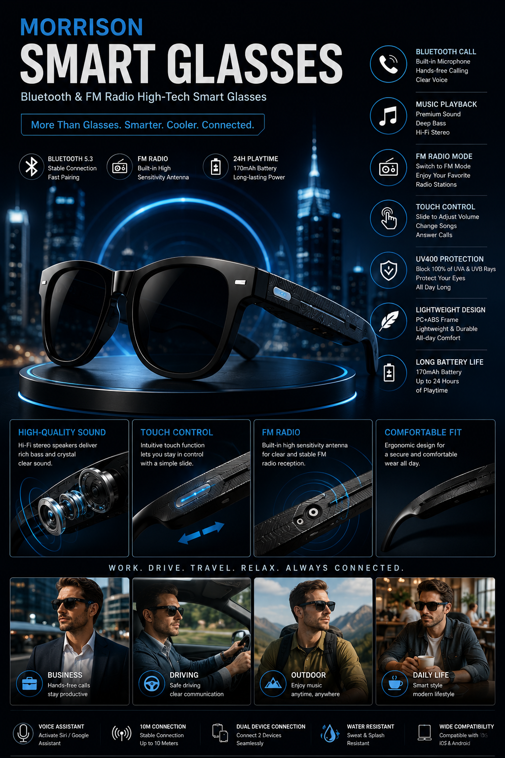 Morrison Portable Bluetooth HD POV Video Shooting Vlog AI Smart Glasses with FM Radio