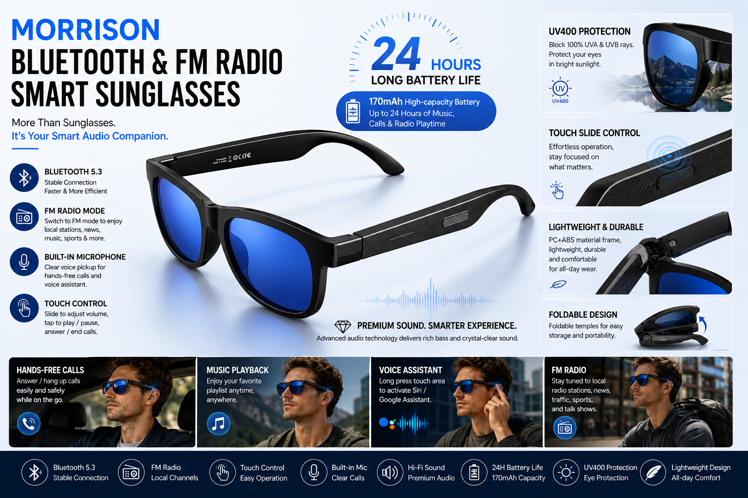 Morrison Bluetooth FM Radio Smart Glasses with Blue Light Blocking Lens