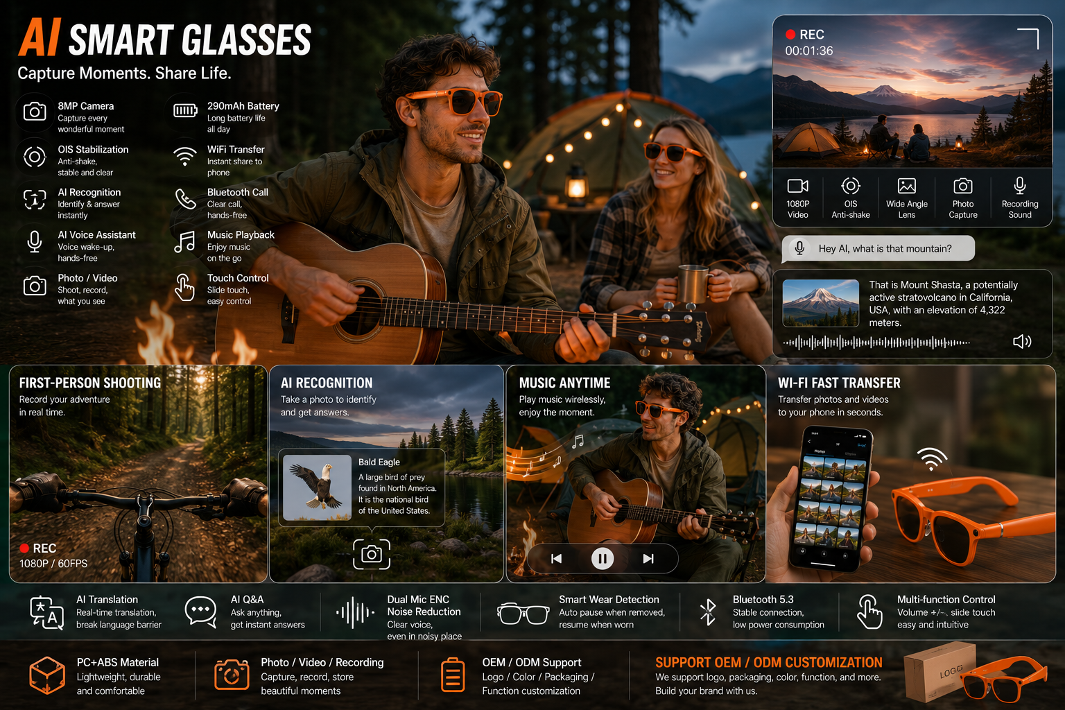 Morrison Portable Bluetooth HD POV Video Shooting Vlog AI Smart Glasses