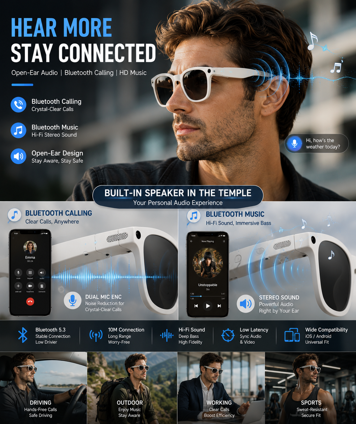 Morrison Portable Bluetooth HD POV Video Shooting Vlog AI Smart Glasses with 8MP Camera