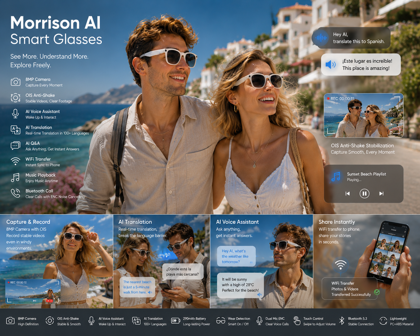 Morrison Portable Bluetooth HD POV Video Shooting Vlog AI Smart Glasses with 8MP Camera