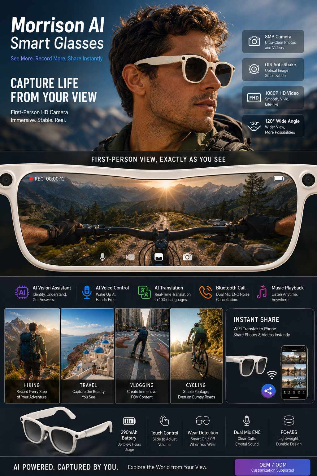 Morrison Portable Bluetooth HD POV Video Shooting Vlog AI Smart Glasses with 8MP Camera
