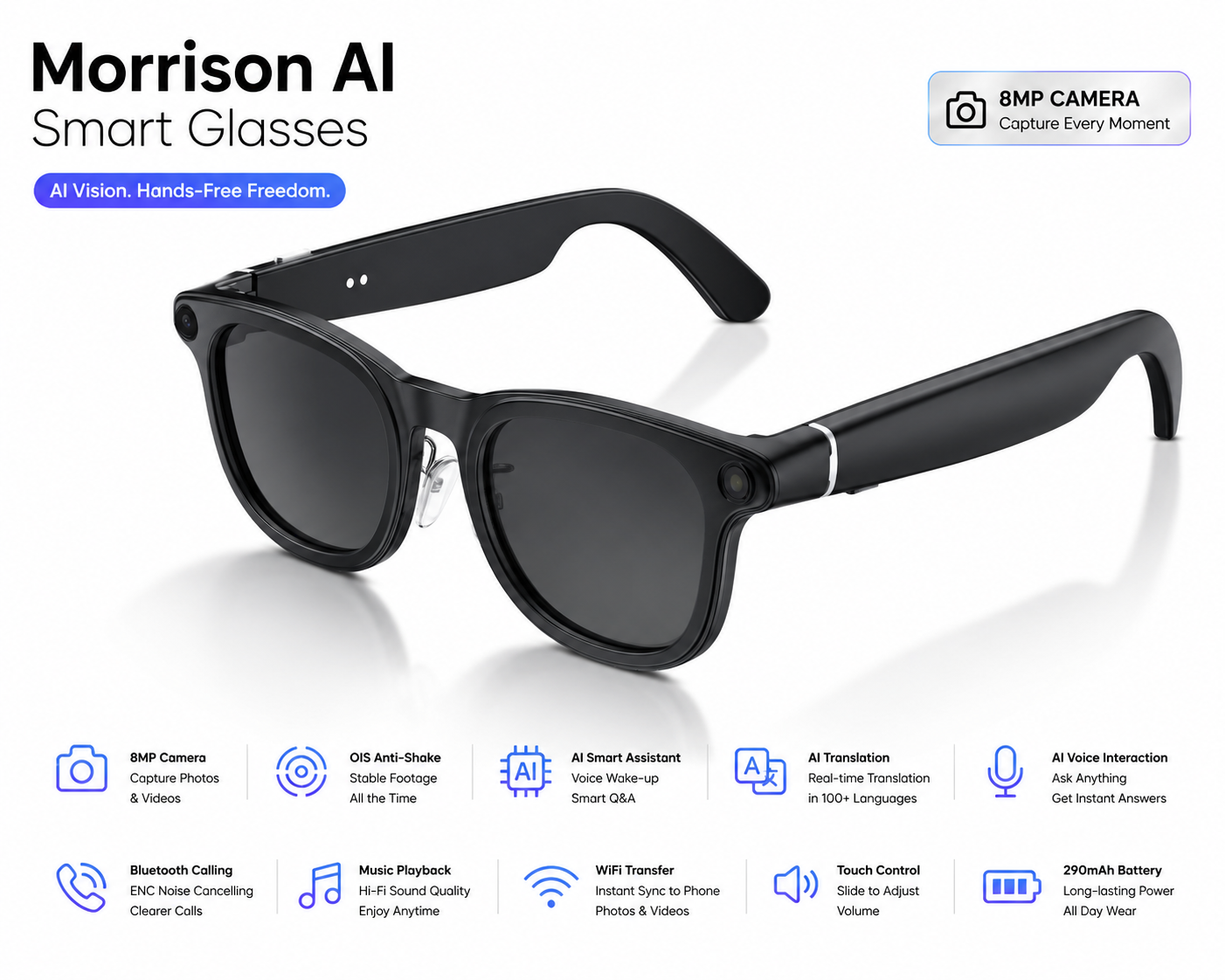 Morrison Portable Bluetooth HD POV Video Shooting Vlog AI Smart Glasses with AI Translation and Camera