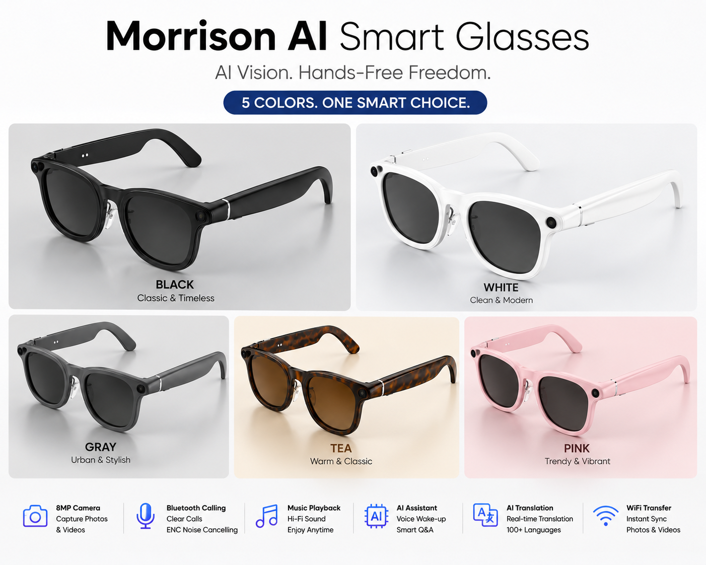 Morrison Portable Bluetooth HD POV Video Shooting Vlog AI Smart Glasses with AI Translation and Camera