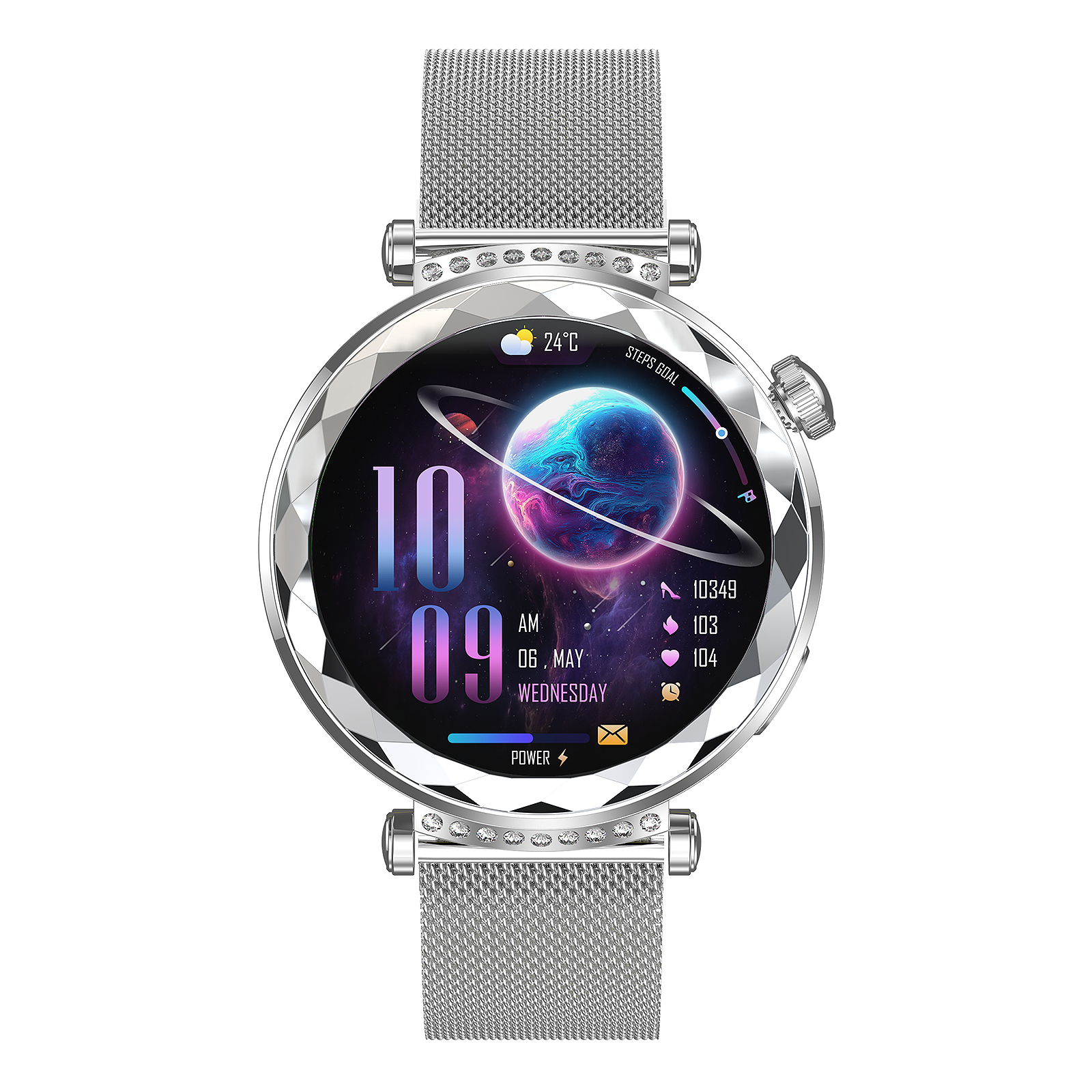 Elegant 1.19'' AMOLED Women’s Smart Watch, Silver Milanese Strap, IP68 Waterproof, Full Touch Round Display