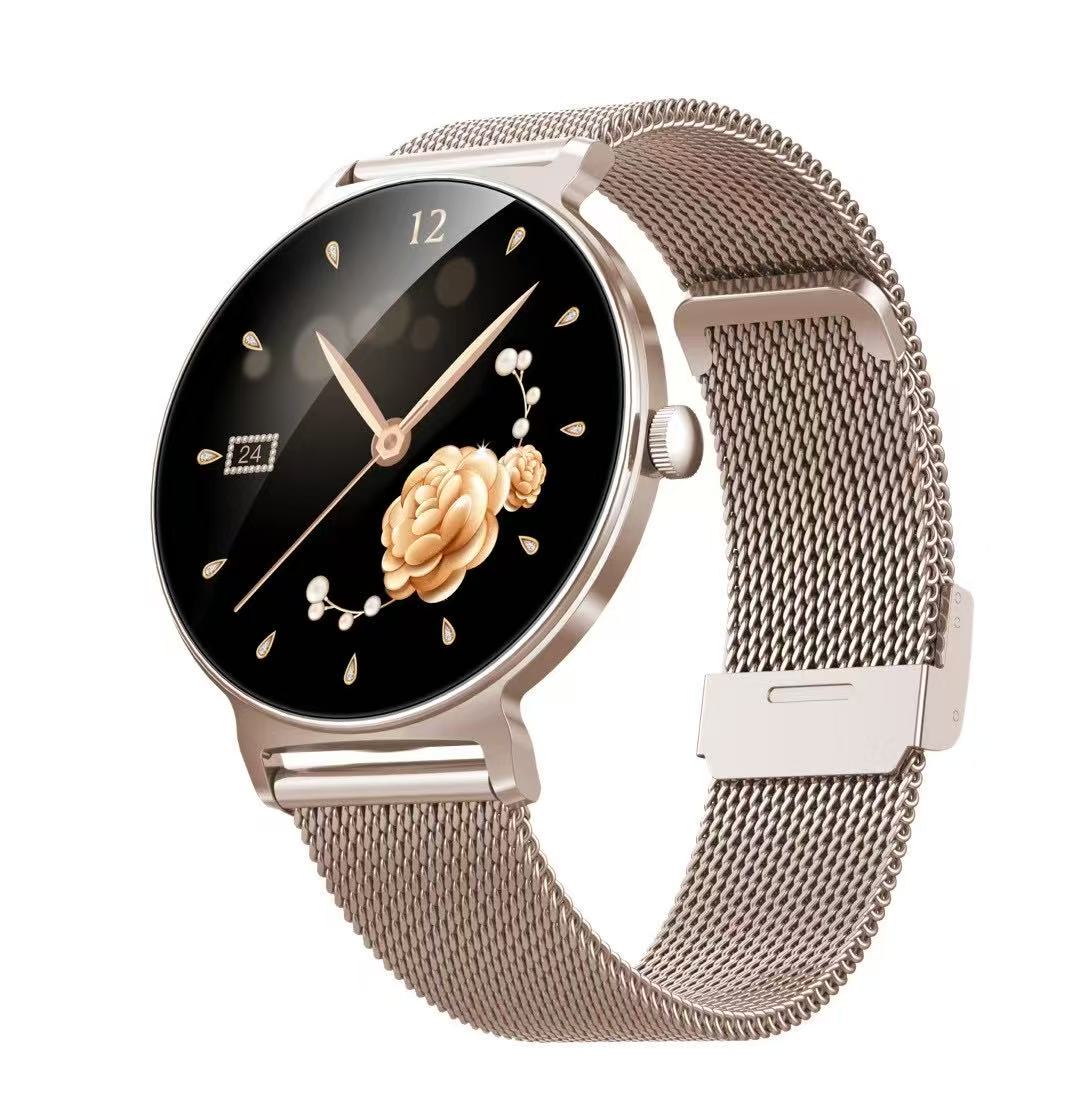 Round Women Smart Watch with Floral Dial – Elegant Rose Gold Milanese Strap