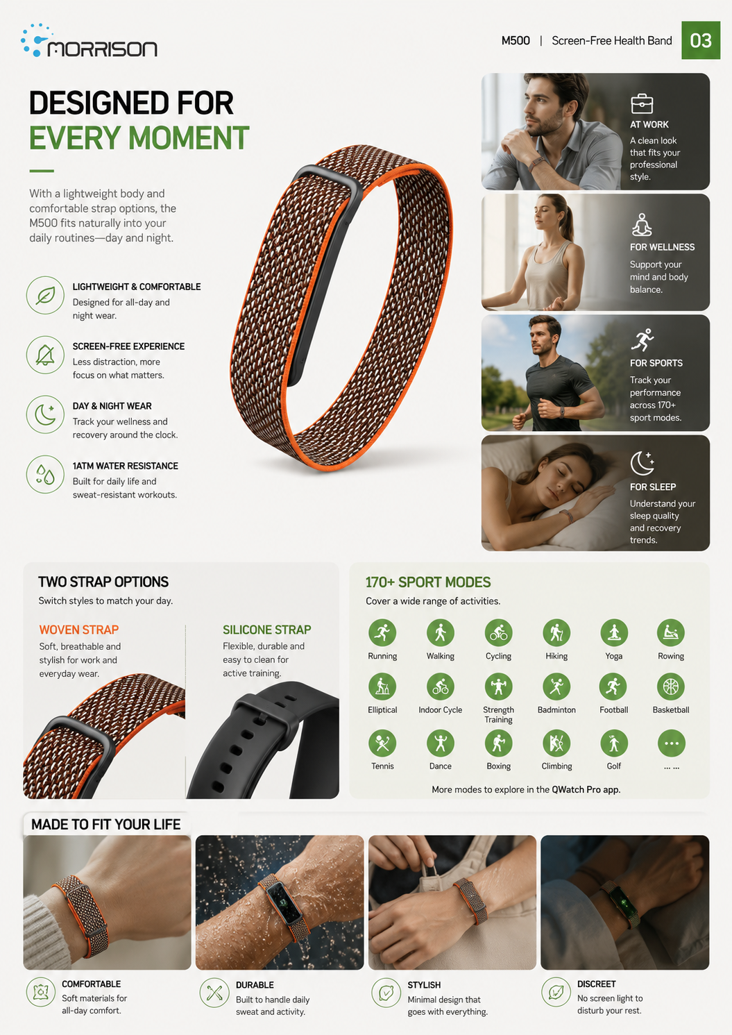Morrison M500 Screenless Smart Bracelet with Heart Rate, SpO2, HRV & 170+ Sports Modes
