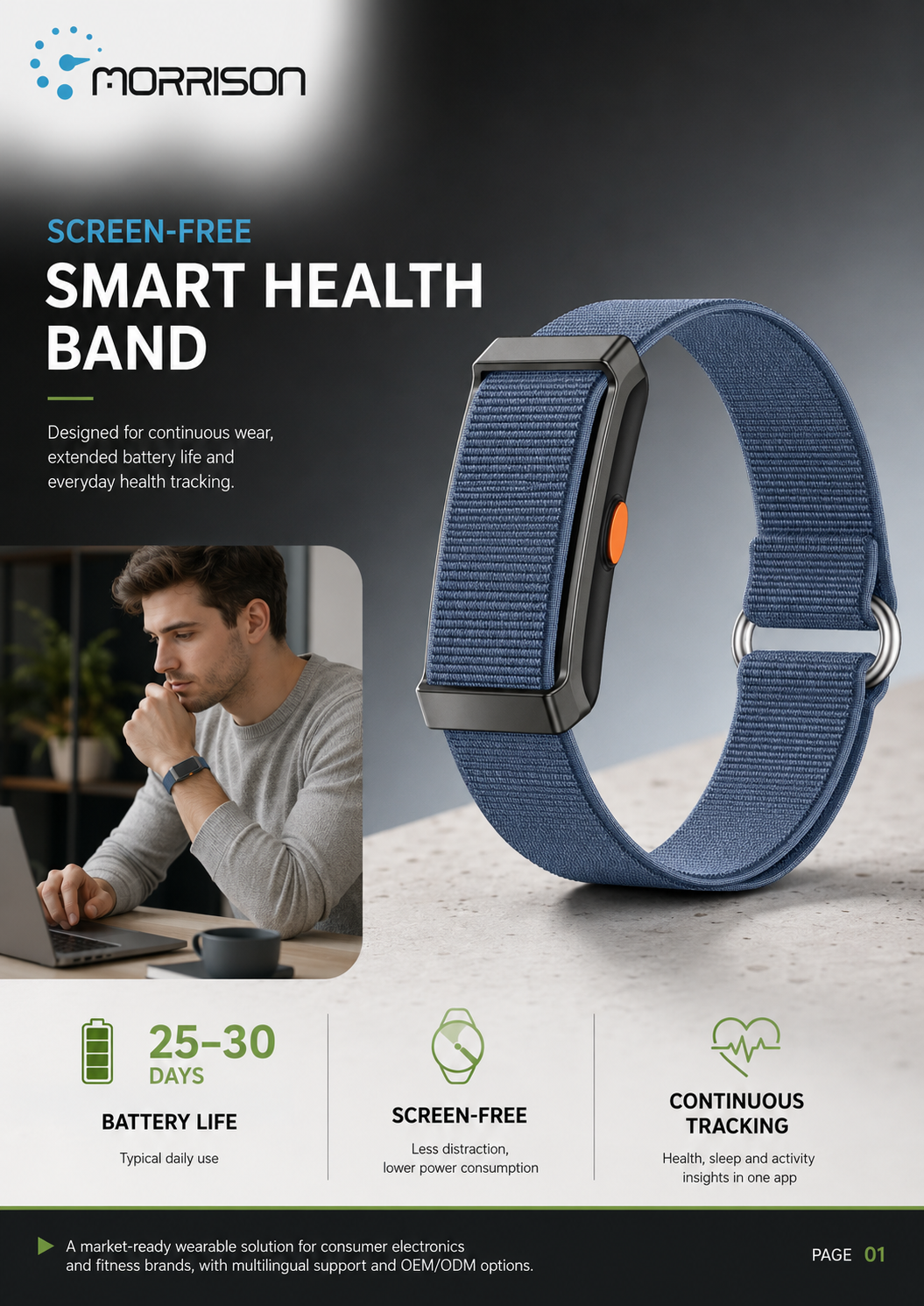 Morrison Premium Screenless Smart Bracelet with BLE 5.3, HRV, SpO2 and 30-Day Battery Life