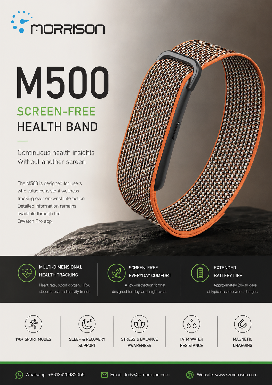 Morrison M500 Screenless Smart Bracelet with Heart Rate, SpO2, HRV & 170+ Sports Modes