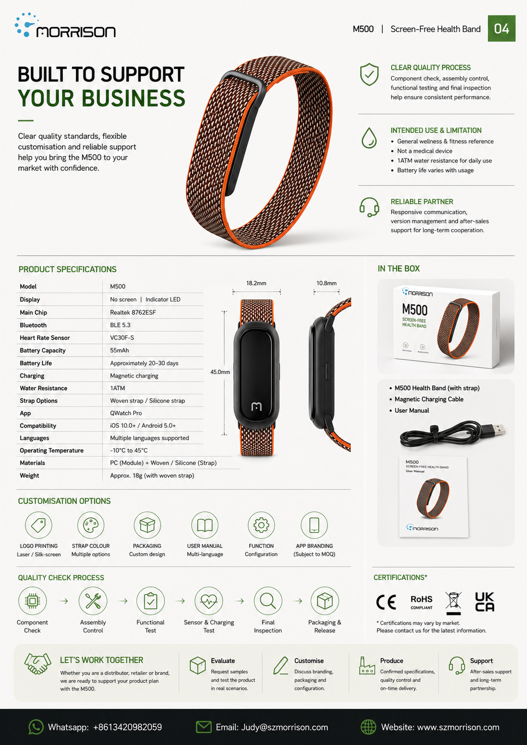 Morrison M500 Screenless Smart Bracelet with Heart Rate, SpO2, HRV & 170+ Sports Modes