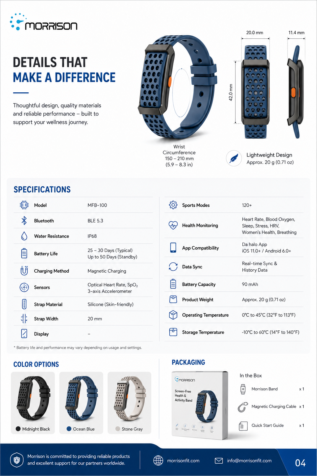 Morrison Screenless Smart Bracelet with BLE 5.3, HX3918 Health Sensor and 30-Day Battery