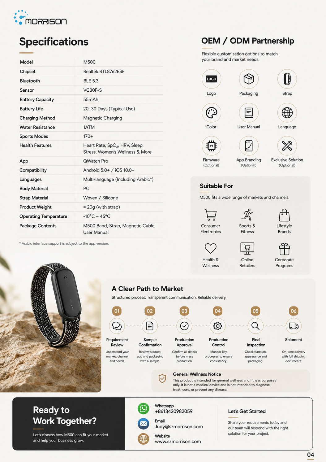 Morrison M500 Screenless Smart Bracelet with Heart Rate, SpO2, HRV and 170+ Sports Modes
