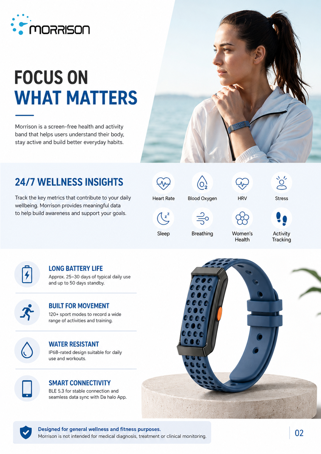 Morrison Screenless Smart Bracelet with BLE 5.3, HX3918 Health Sensor and 30-Day Battery