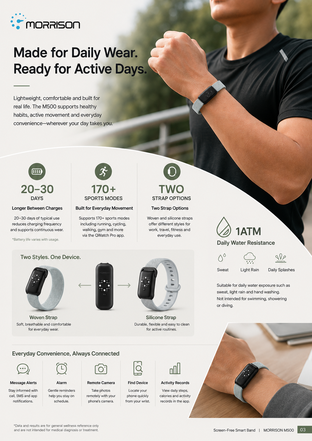 Morrison M500 Screenless Smart Bracelet with Heart Rate, SpO2, HRV and 170+ Sports Modes