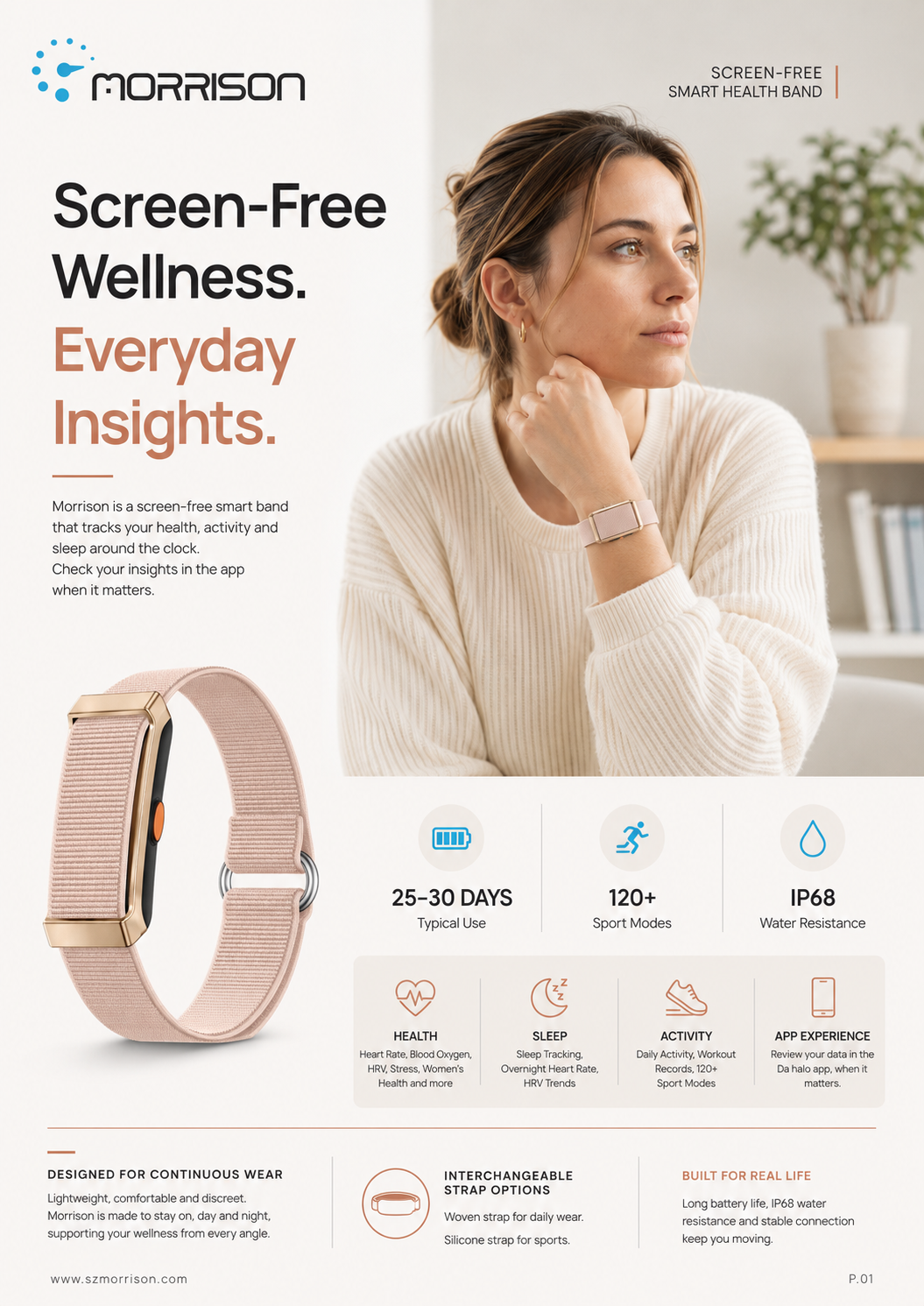 Morrison Screenless Smart Bracelet with Heart Rate, SpO2, HRV, Sleep Monitoring and 25–30 Day Battery Life