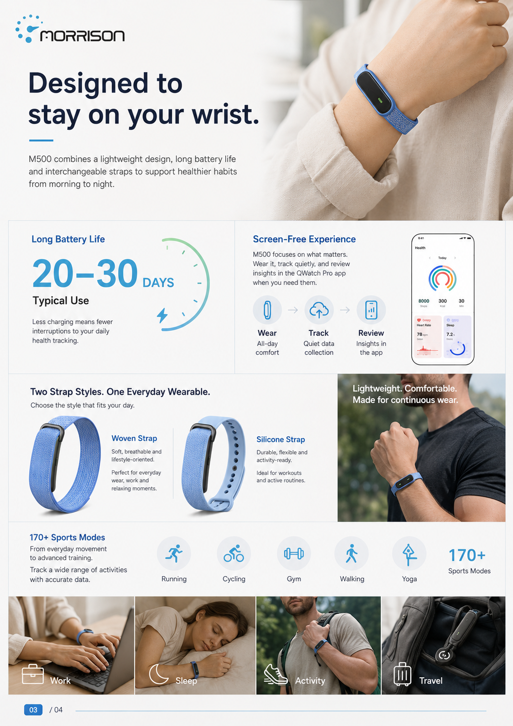 Morrison M500 Screenless Smart Bracelet with BLE 5.3, HRV, SpO2 & 170+ Sports Modes